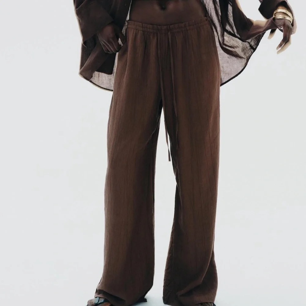 Zara NWT textured weave tan brown wide leg pants